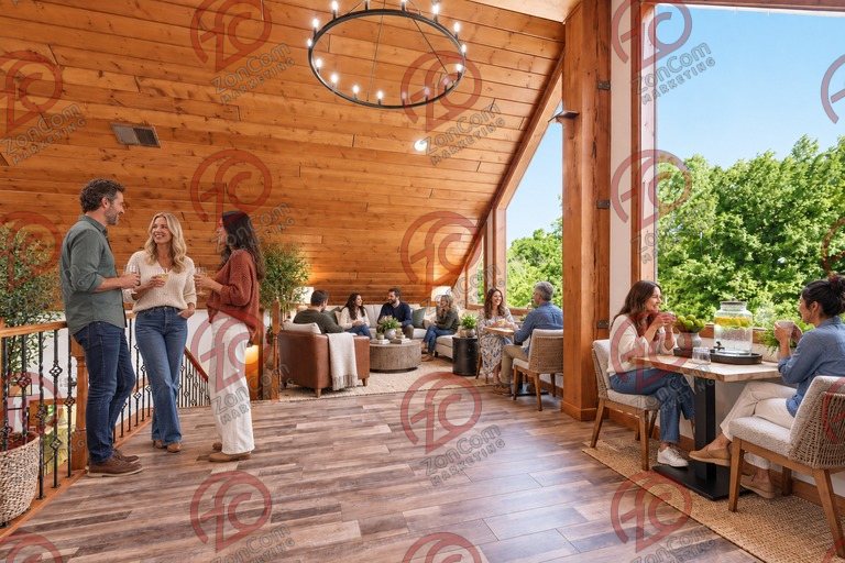 Conceptual rendering — digitally altered: Retreats & hospitality, loft, view 5 of 10, made from the photograph “Loft lounge at the top of the stair”.