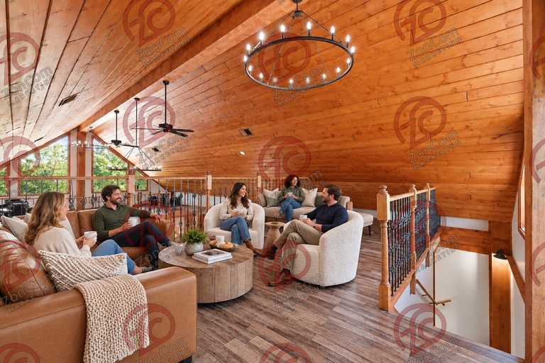 Conceptual rendering — digitally altered: Retreats & hospitality, loft, view 6 of 10, made from the photograph “Loft gathering room overlooking the great hall”.
