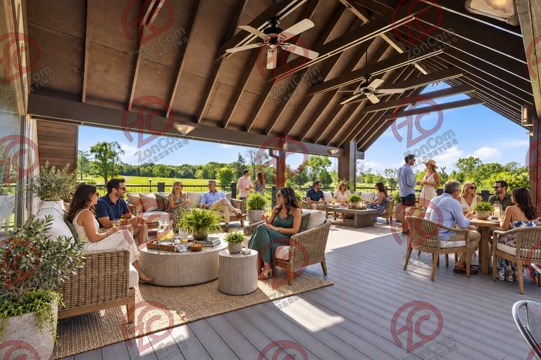 Conceptual rendering — digitally altered: Retreats & hospitality, upper deck, view 7 of 10, made from the photograph “Covered upper deck under the timber gable”.