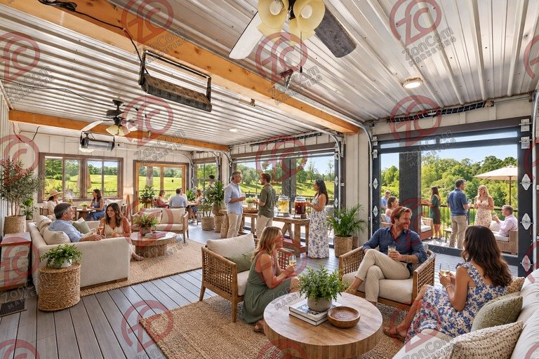 Conceptual rendering — digitally altered: Retreats & hospitality, enclosed porch, view 8 of 10, made from the photograph “Enclosed porch with glass overhead doors, ceiling fans and radiant heaters”.
