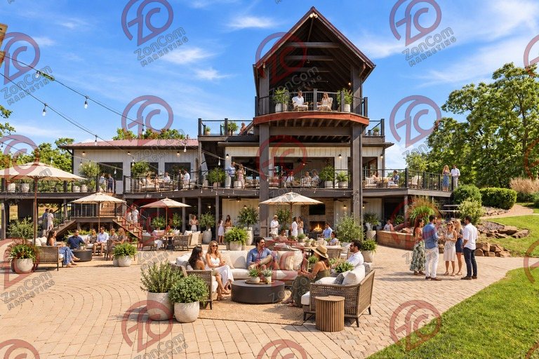 Conceptual rendering — digitally altered: Retreats & hospitality, patio, view 9 of 10, made from the photograph “Lower patio under the string lights, covered upper deck above”.