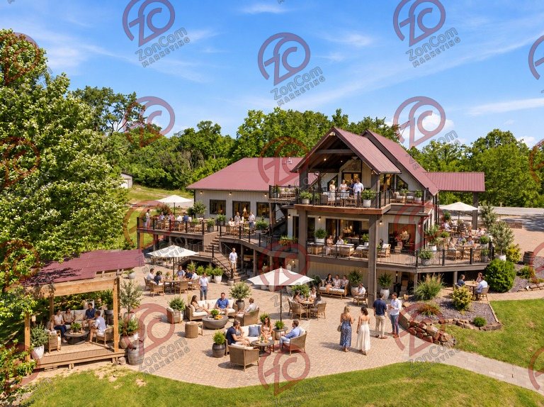 Conceptual rendering — digitally altered: Retreats & hospitality, aerial, view 10 of 10, made from the photograph “Stacked decks, patio and pergola”.