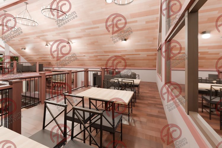 3D model render, not a photograph: east loft, from the north-east corner looking west