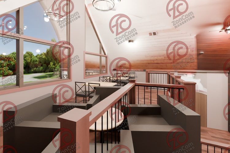 3D model render, not a photograph: east loft, from the west corner looking east