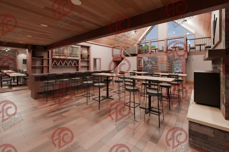 3D model render, not a photograph: great hall, from the south-east corner looking north-west
