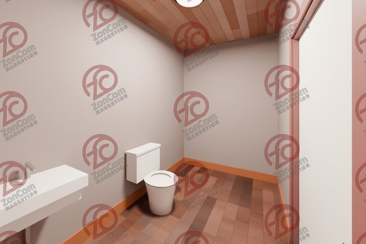 3D model render, not a photograph: hall bathroom, from the south-east corner looking north-west