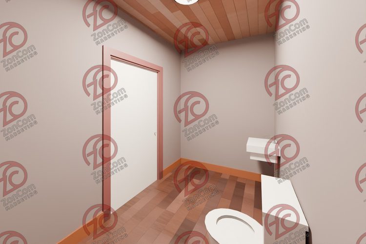 3D model render, not a photograph: hall bathroom, from the north-west corner looking south-east