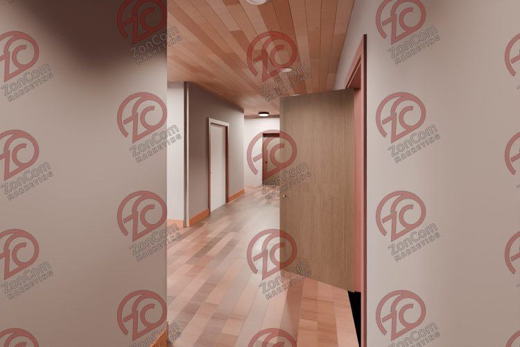 3D model render, not a photograph: back hall, from the south-east corner looking north