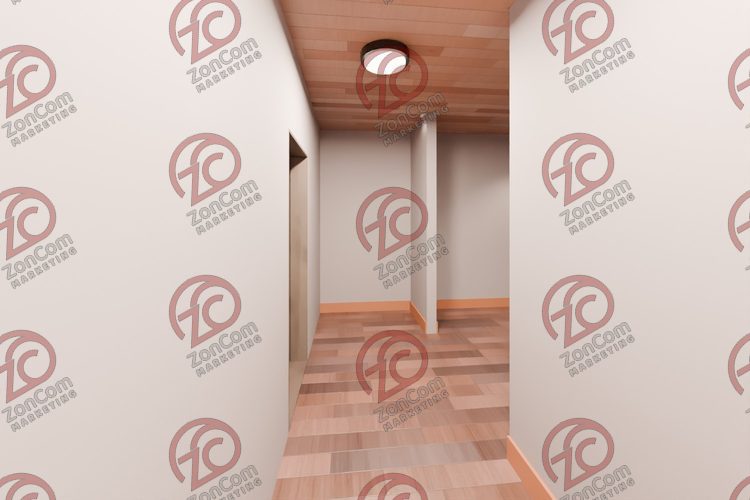 3D model render, not a photograph: back hall, from the north-west corner looking east