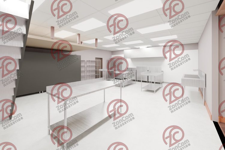 3D model render, not a photograph: kitchen, from the south-east corner looking north-west