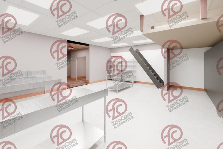 3D model render, not a photograph: kitchen, from the north-west corner looking south-east