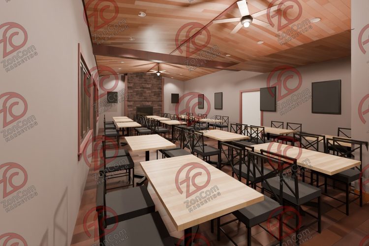 3D model render, not a photograph: north dining room, from the south-east corner looking north-west