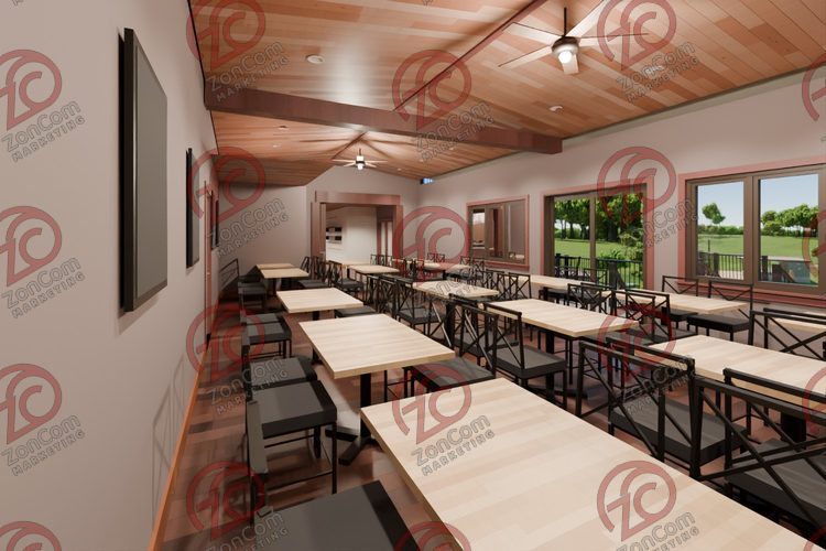 3D model render, not a photograph: north dining room, from the north-west corner looking south-east