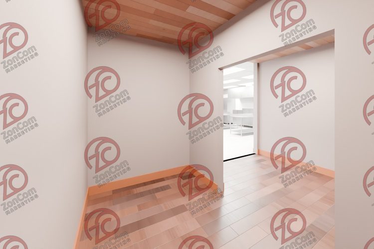 3D model render, not a photograph: small room off the hall, from the south-east corner looking north-west