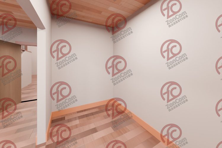 3D model render, not a photograph: small room off the hall, from the north-west corner looking south-east