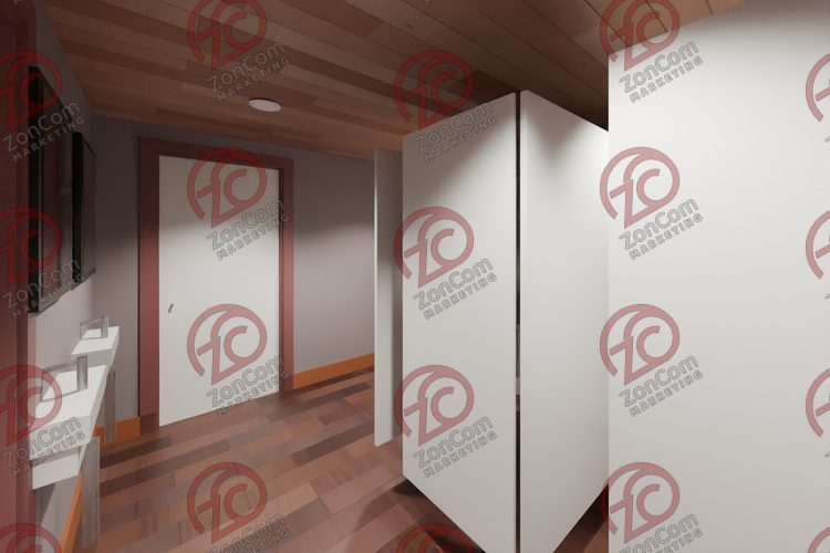 3D model render, not a photograph: restroom, two stalls, from the south-east corner looking north-west