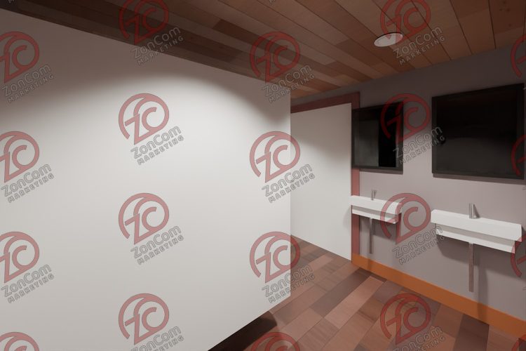 3D model render, not a photograph: restroom, two stalls, from the north-west corner looking south-east