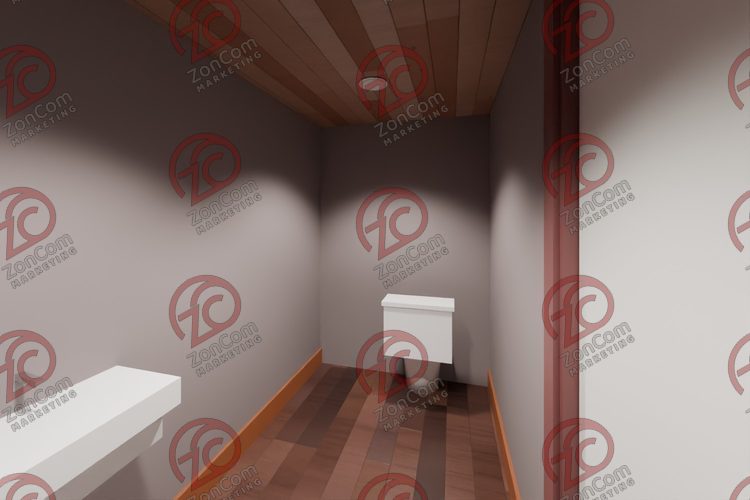 3D model render, not a photograph: restroom, single, from the south corner looking north