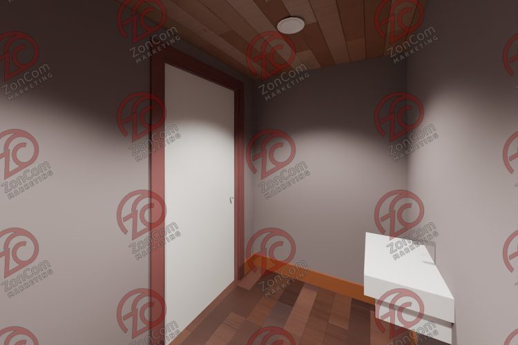 3D model render, not a photograph: restroom, single, from the north-west corner looking south-east