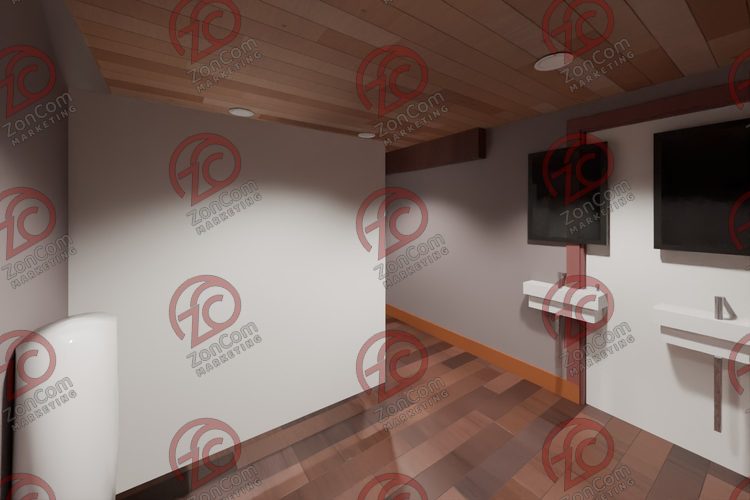 3D model render, not a photograph: restroom, stalls and urinal, from the north-west corner looking south-east