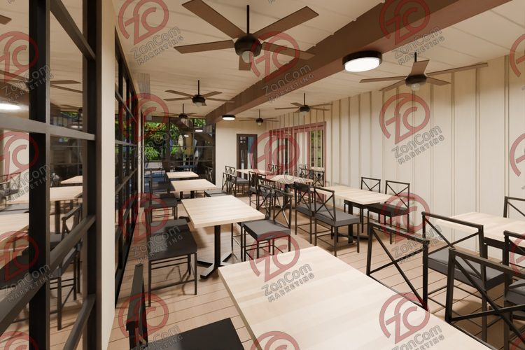 3D model render, not a photograph: enclosed porch, from the south-east corner looking north-west