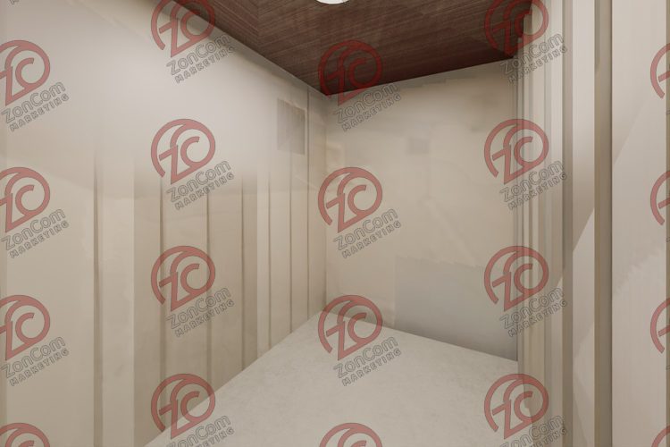 3D model render, not a photograph: storage room, from the south-east corner looking north-west