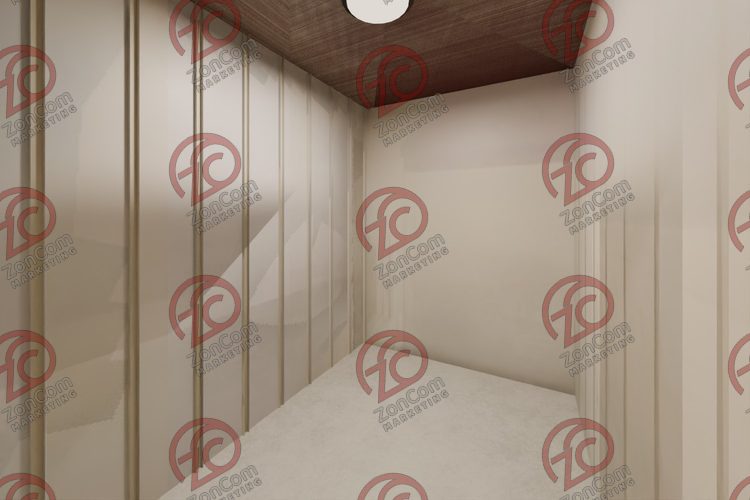 3D model render, not a photograph: storage room, from the north-west corner looking south-east
