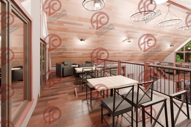 3D model render, not a photograph: west loft, from the south-east corner looking north-west