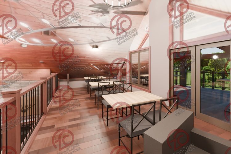 3D model render, not a photograph: west loft, from the north-west corner looking south-east